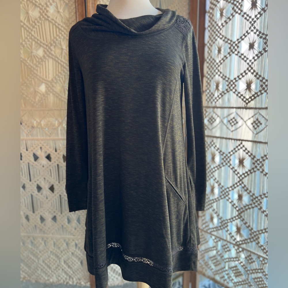 Anthropologie Saturday Sunday Dark Gray Green Cowl Neck Dress with Lace Detail